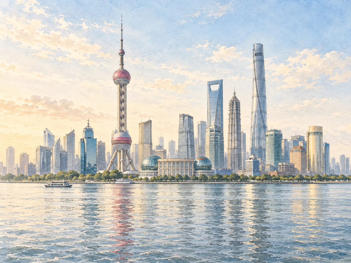 Ink-and-wash illustration of the Oriental Pearl Tower and Pudong skyline across the Huangpu River, viewed from the Bund.