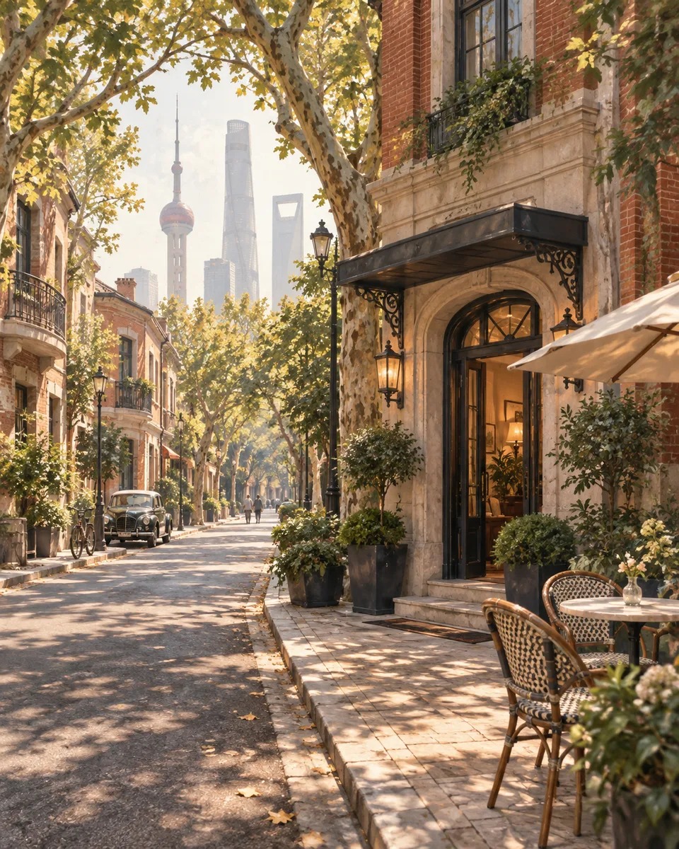 Illustration of a leafy neighborhood street and hotel entrance