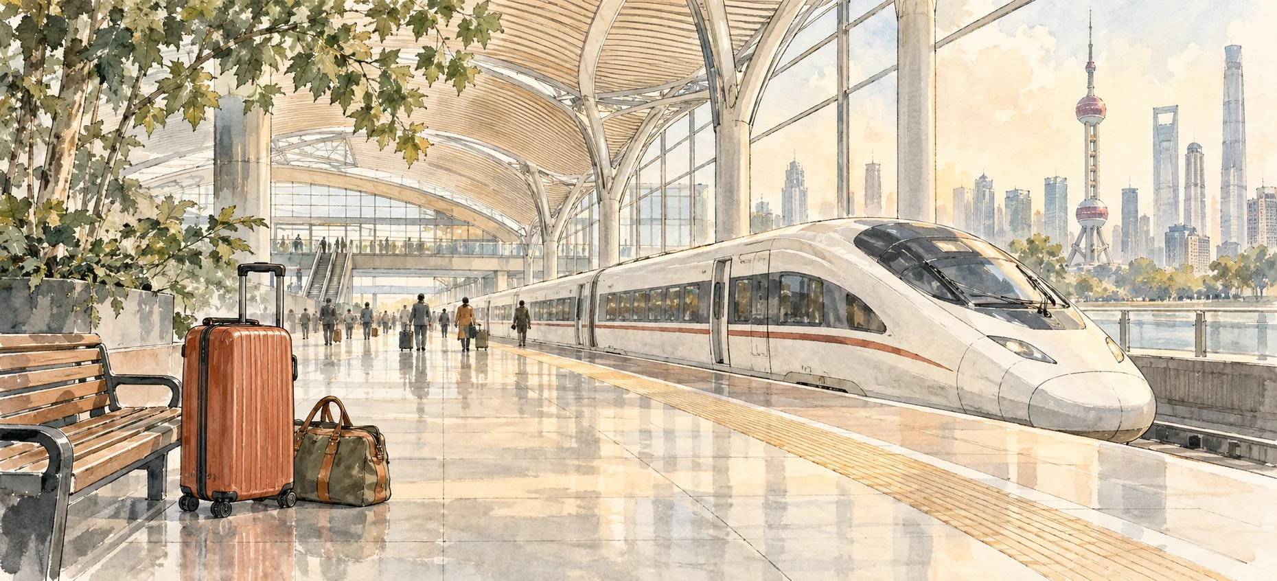 Ink-and-wash illustration of a high-speed train, airy station and luggage in Shanghai.