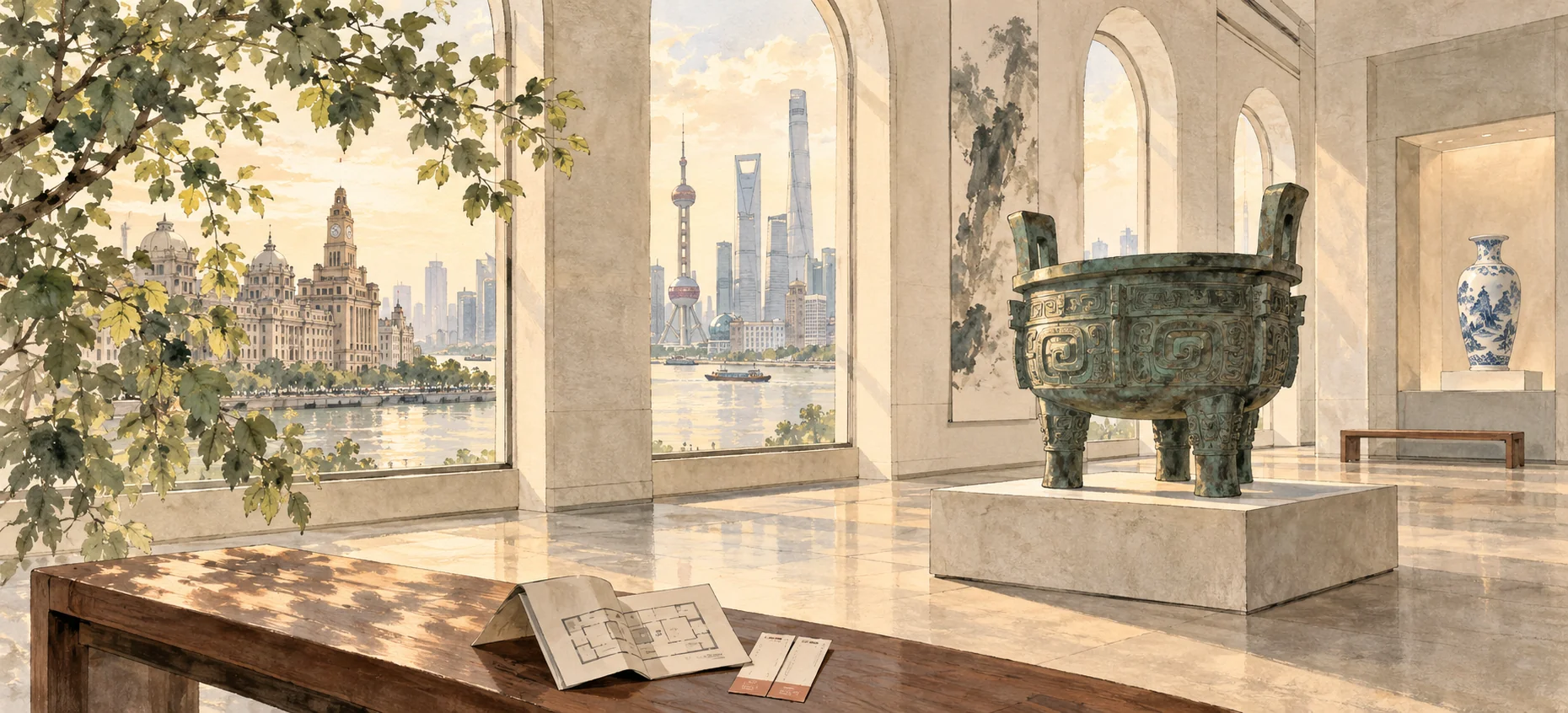 Ink-and-wash illustration of a Chinese art gallery, bronze vessel and museum tickets in Shanghai.