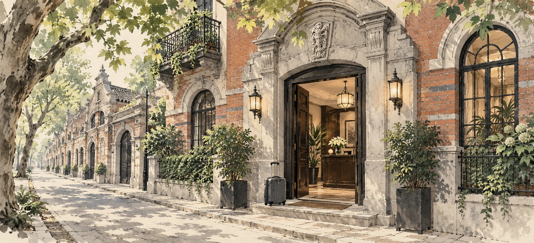Ink-and-wash illustration of a Shanghai heritage boutique hotel with a warmly lit doorway and a suitcase.